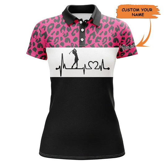 Custom Golf Women Polo Shirt - Women Golf Polo Shirt Custom Name Pink Leopard Pattern Golf Heartbeat - Perfect Polo Shirt For Women - Amzanimalsgift