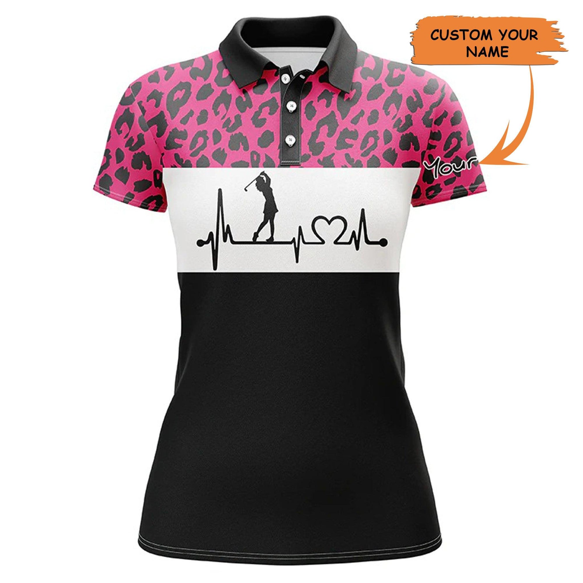 Custom Golf Women Polo Shirt - Women Golf Polo Shirt Custom Name Pink Leopard Pattern Golf Heartbeat - Perfect Polo Shirt For Women - Amzanimalsgift