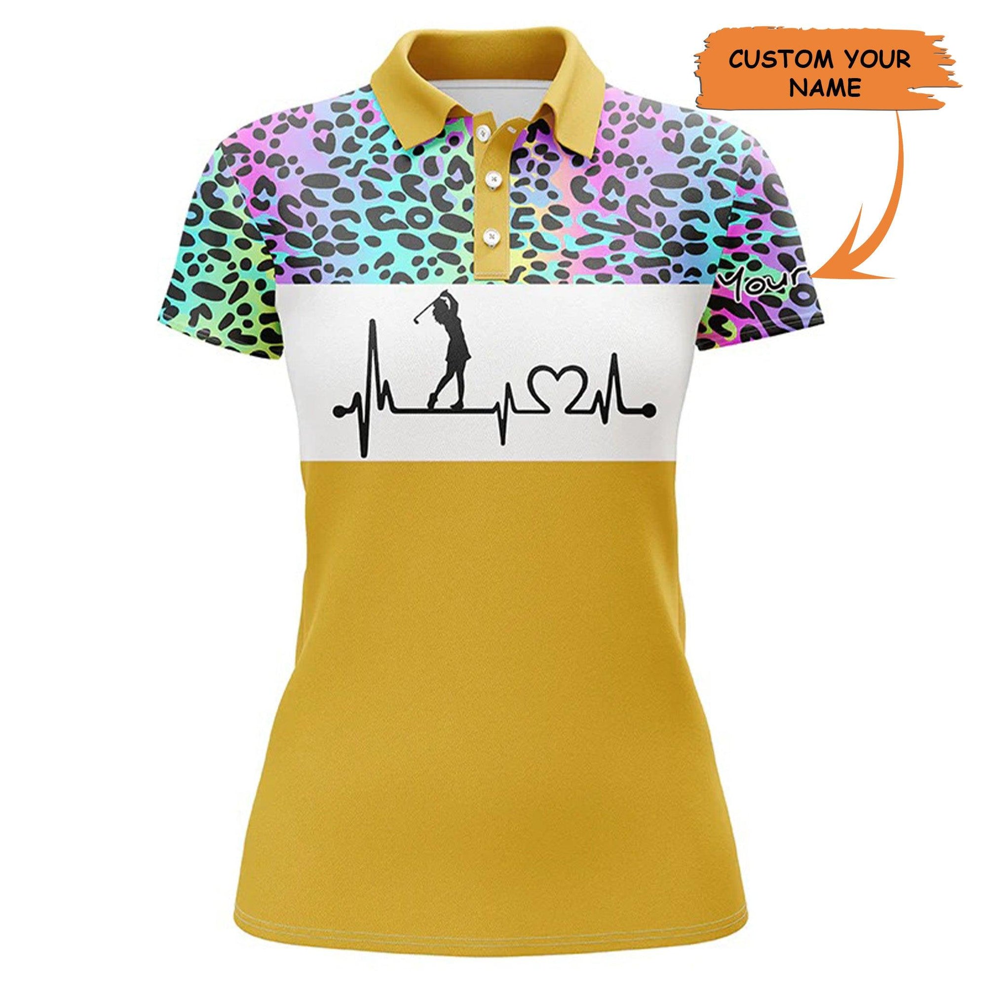 Custom Golf Women Polo Shirt - Women Golf Polo Shirt Custom Name Rainbow Gradient Leopard Golf Heartbeat - Perfect Polo Shirt For Women - Amzanimalsgift
