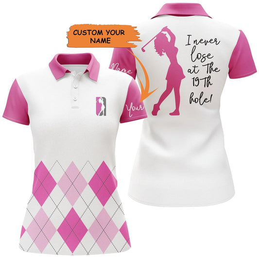 Custom Golf Women Polo Shirt - Women Golf Polo Shirt Custom Pink Argyle Plaid Golf Top For Ladies I Never Lose - Perfect Polo Shirt For Women - Amzanimalsgift