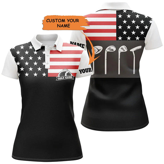 Custom Golf Women Polo Shirt - Women Golf Polo Shirt Golf Club American Flag Patriot Golf Custom Name Black Golf Shirt - Perfect Polo Shirt For Women - Amzanimalsgift