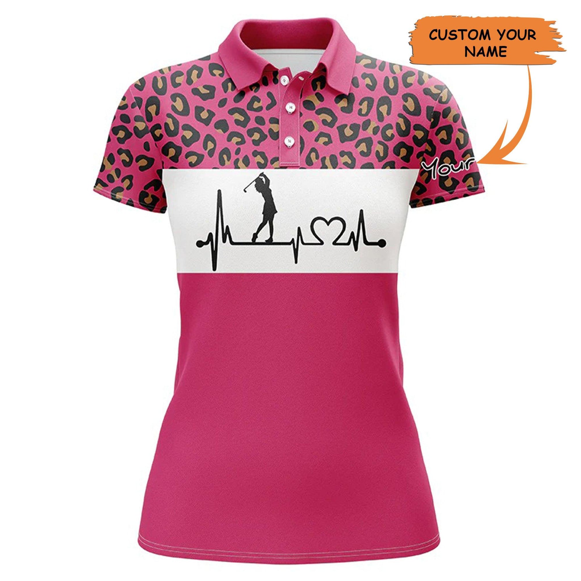 Custom Golf Women Polo Shirt - Women Golf Polo Shirt Golf Heartbeat Custom Name Leopard Golf Shirt - Perfect Polo Shirt For Women - Amzanimalsgift