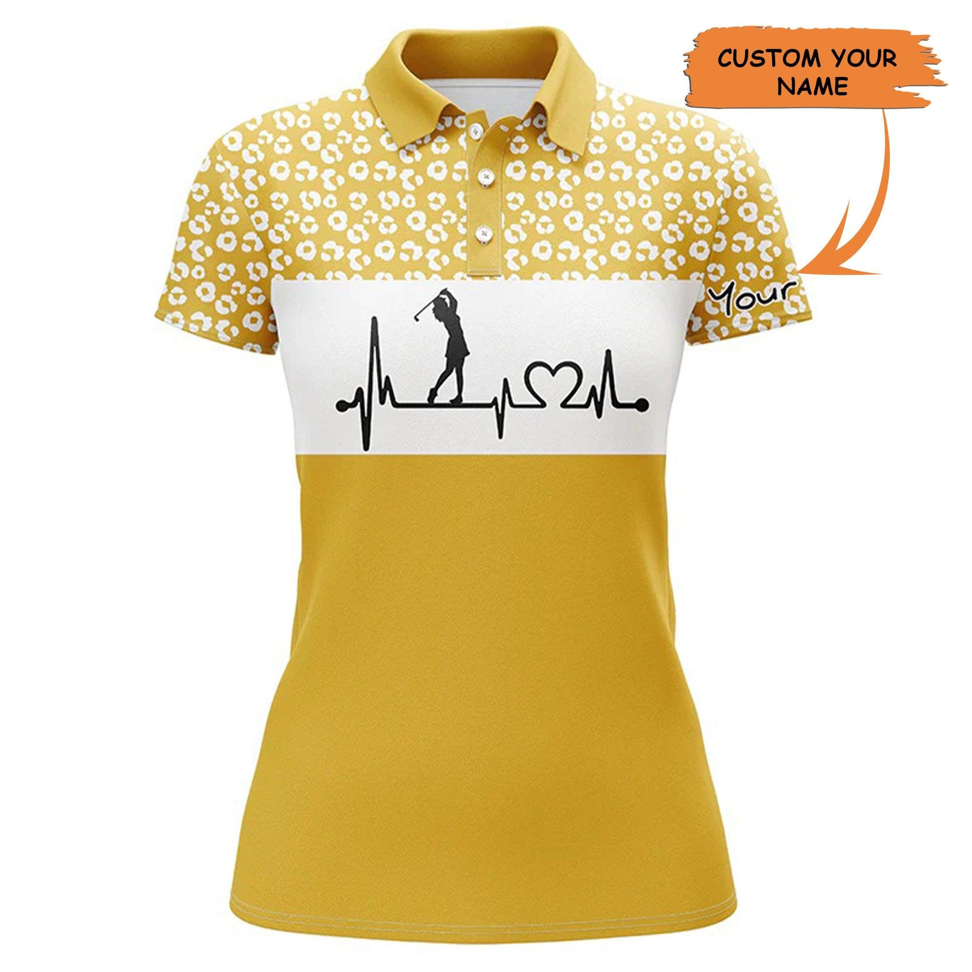 Custom Golf Women Polo Shirt - Women Golf Polo Shirt Golf Heartbeat Custom Name Leopard Pattern Golf Shirt - Perfect Polo Shirt For Women - Amzanimalsgift