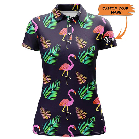 Custom Golf Women Polo Shirt - Women Golf Polo Shirt Neon Flamingo Palm Leaves Pattern Custom Team Flamingo - Perfect Polo Shirt For Women - Amzanimalsgift