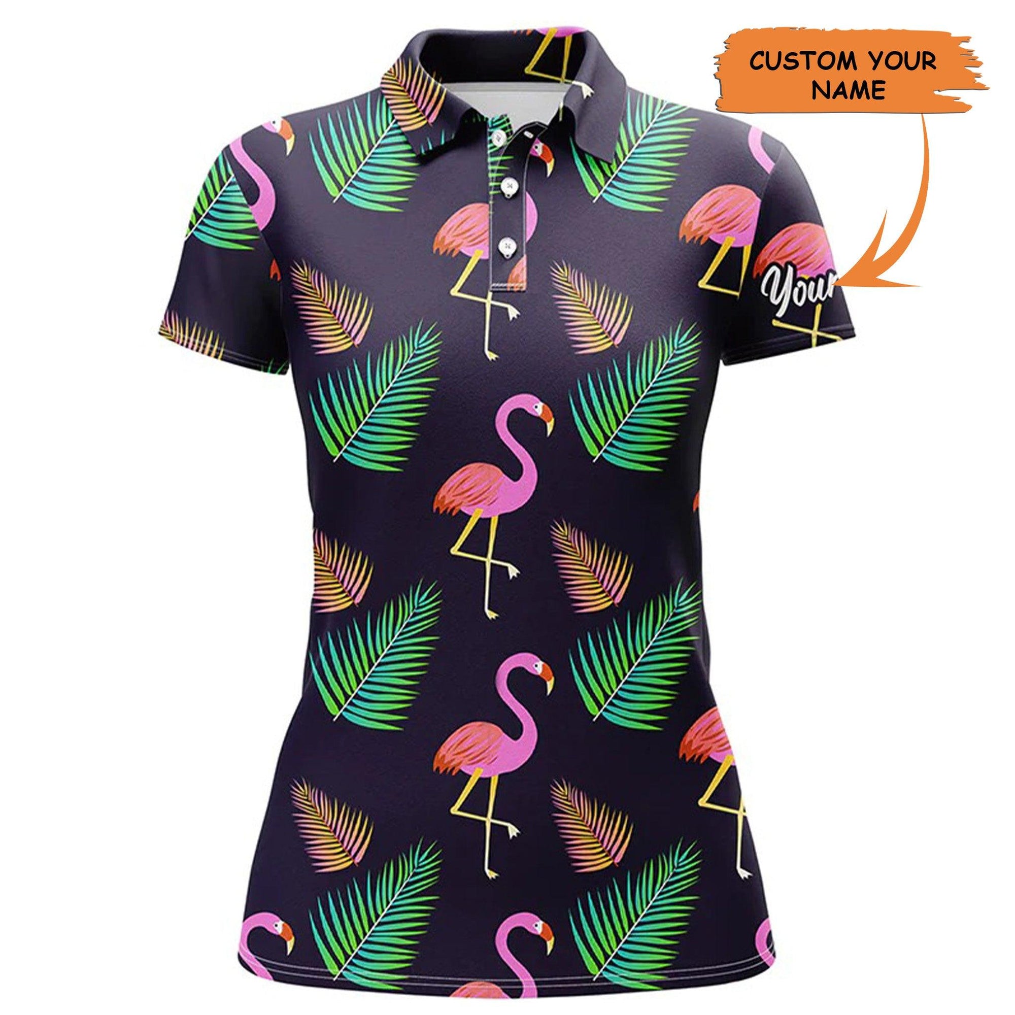 Custom Women Polo Shirt, Women Polo Shirt Neon Flamingo Tropical Pattern Custom Team Flamingo Shirts - Perfect Polo Shirt For Women