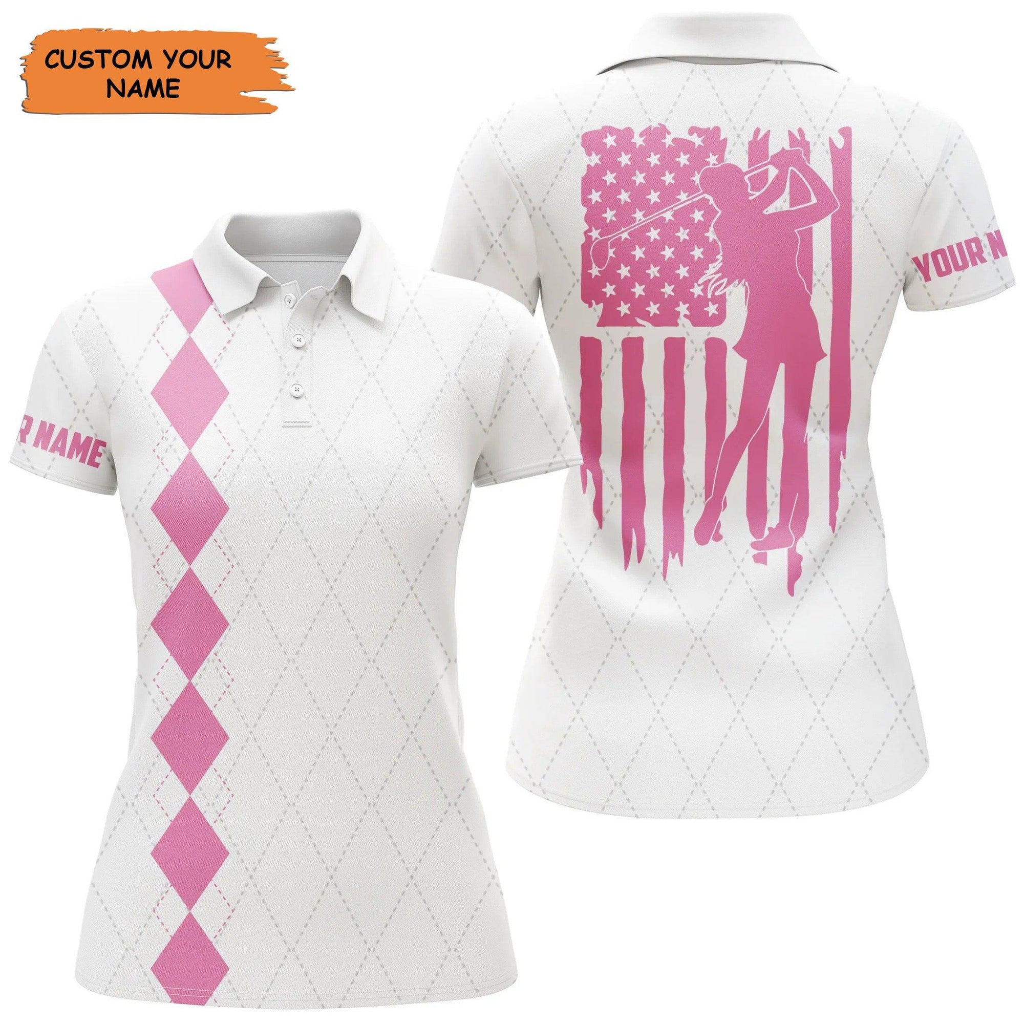 Custom Golf Women Polo Shirt, Women Golf Polo Shirt Pink American Flag Patriotic Golf Shirts Custom Name Golf Gifts - Perfect Polo Shirt For Women - Amzanimalsgift