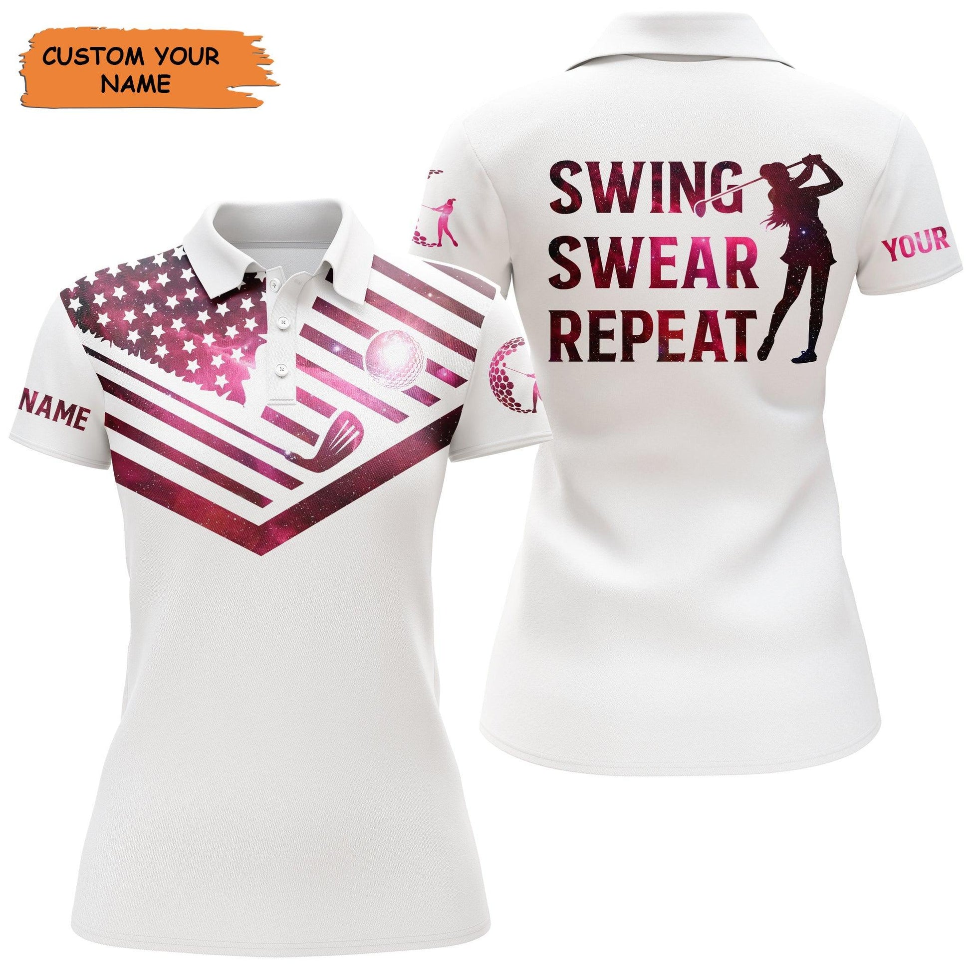 Custom Golf Women Polo Shirt, Women Golf Polo Shirt Pink Galaxy American Flag Custom Name Swing Swear Repeat White - Perfect Polo Shirt For Women - Amzanimalsgift