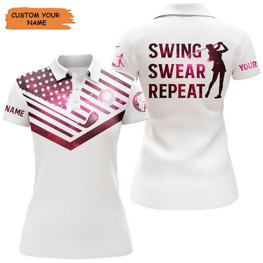 Custom Golf Women Polo Shirt, Women Golf Polo Shirt Pink Galaxy American Flag Custom Name Swing Swear Repeat White - Perfect Polo Shirt For Women - Amzanimalsgift