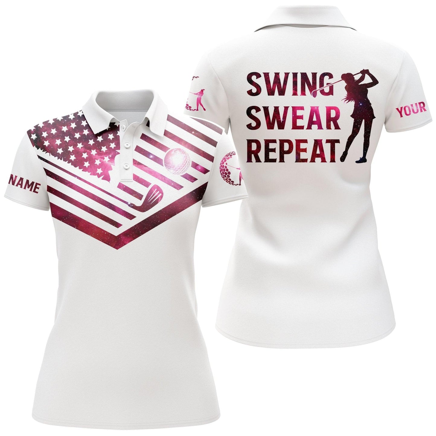 Custom Golf Women Polo Shirt, Women Golf Polo Shirt Pink Galaxy American Flag Custom Name Swing Swear Repeat White - Perfect Polo Shirt For Women - Amzanimalsgift