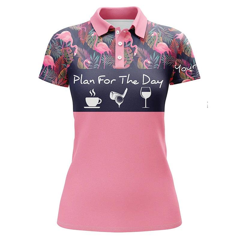 Custom Golf Women Polo Shirt, Women Golf Polo Shirt Plan For The Day Custom Pink Flamingo Palm Leaves Golf Shirt - Perfect Gift For Golf Lovers - Amzanimalsgift