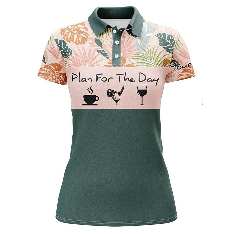 Custom Golf Women Polo Shirt, Women Golf Polo Shirt Plan For The Day Custom Pink Flamingo Palm Leaves Golf Shirt - Perfect Gift For Golf Lovers - Amzanimalsgift