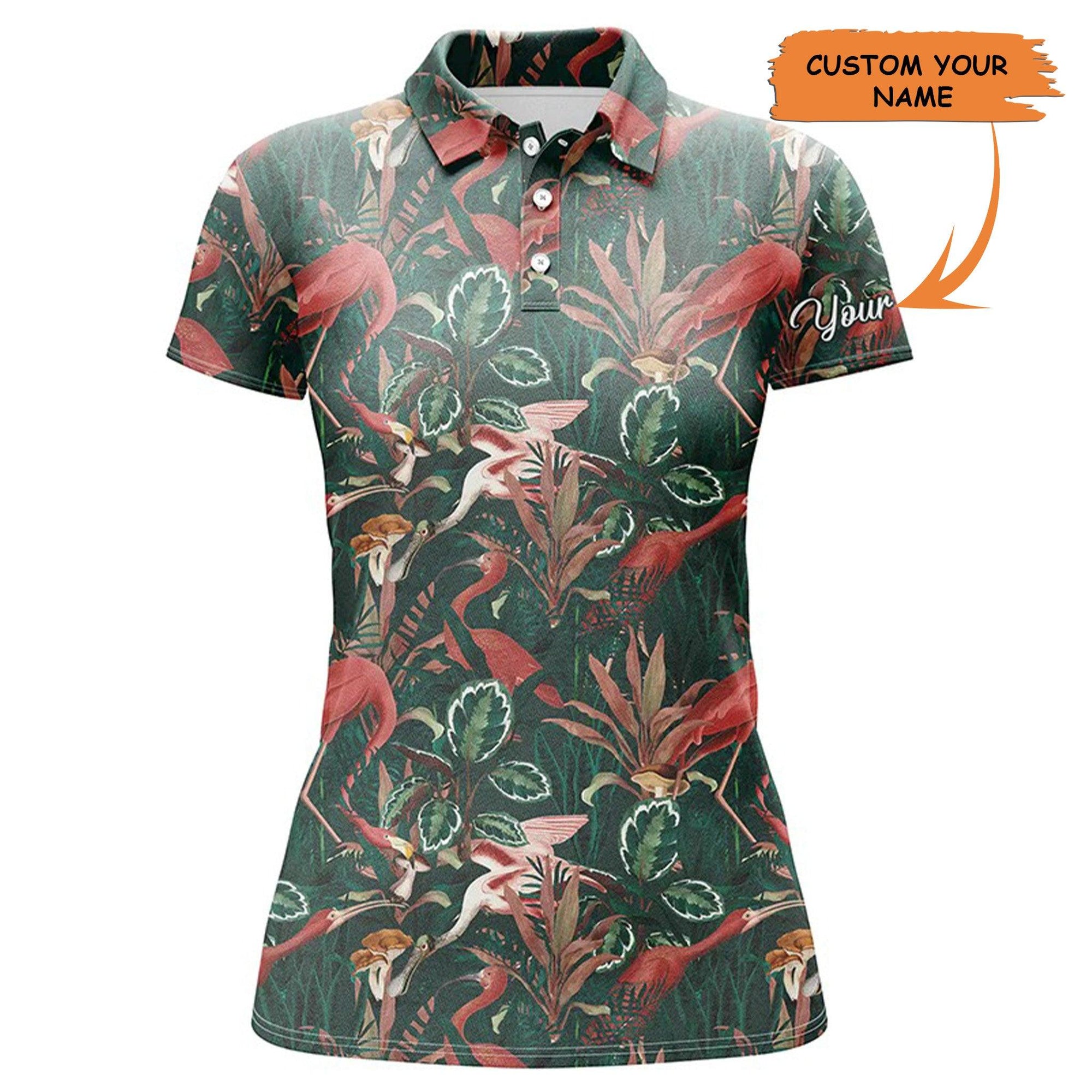 Custom Golf Women Polo Shirt - Women Golf Polo Shirts Flamingo Green Tropical Jungle Pattern - Perfect Polo Shirt For Women, Golf Lovers - Amzanimalsgift