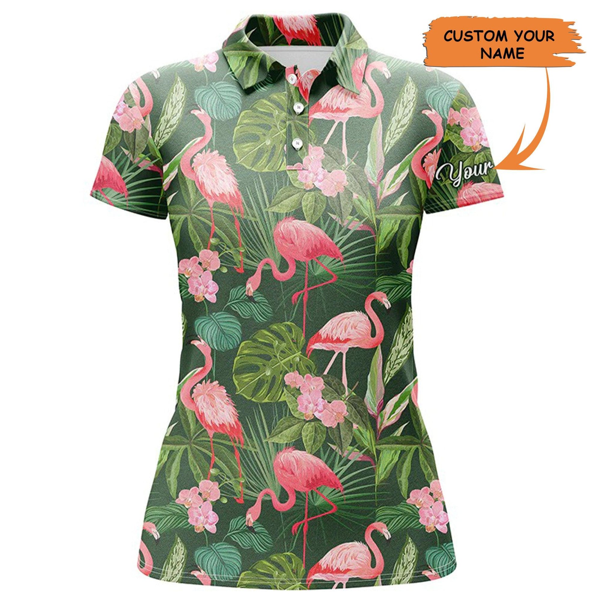 Custom Golf Women Polo Shirt - Women Golf Polo Shirts Flamingo Green Tropical Palm Leaves Pattern - Perfect Polo Shirt For Women, Golf Lovers - Amzanimalsgift