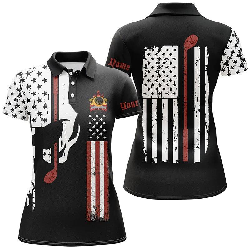 Custom Golf Women Polo Shirt, Womens Golf Polo Shirt American Flag Shirt Golf Skull Club Custom Name Polo Shirt - Perfect Polo Shirt For Women - Amzanimalsgift