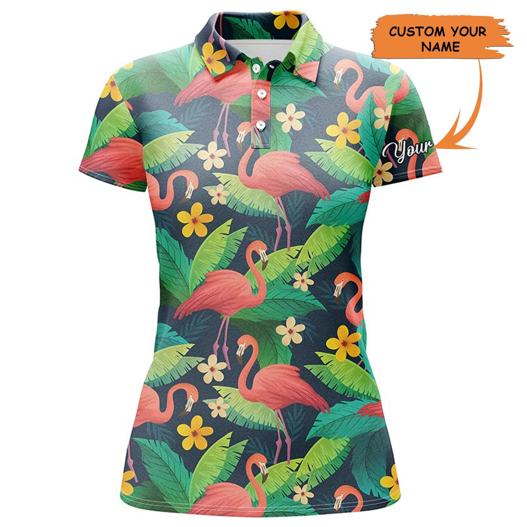 Custom Golf Womens Polo Shirt - Women Golf Polo Shirts Colorful Flamingo Pattern Green Tropical Leaves Custom Team Golf - Perfect Polo Shirt For Womens - Amzanimalsgift