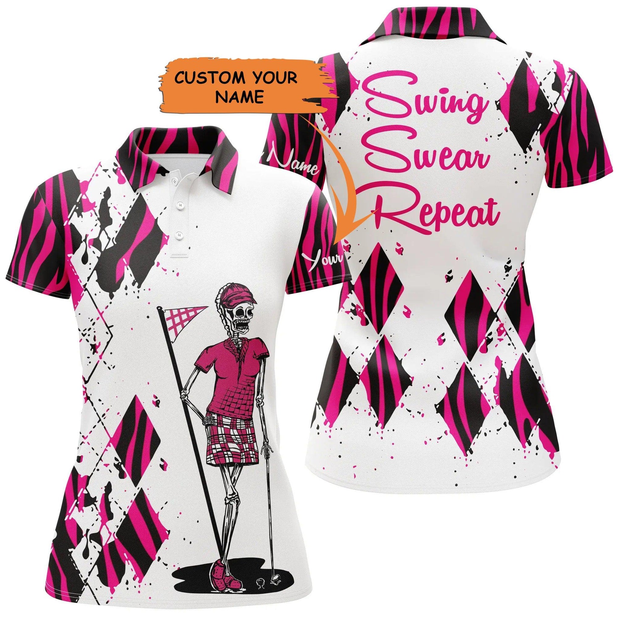 Custom Golf Womens Polo Shirt - Women Golf Polo Shirts Custom Funny Ladies Golf Skull Pink Zebra Pattern Golf Shirt - Perfect Polo Shirt For Womens - Amzanimalsgift