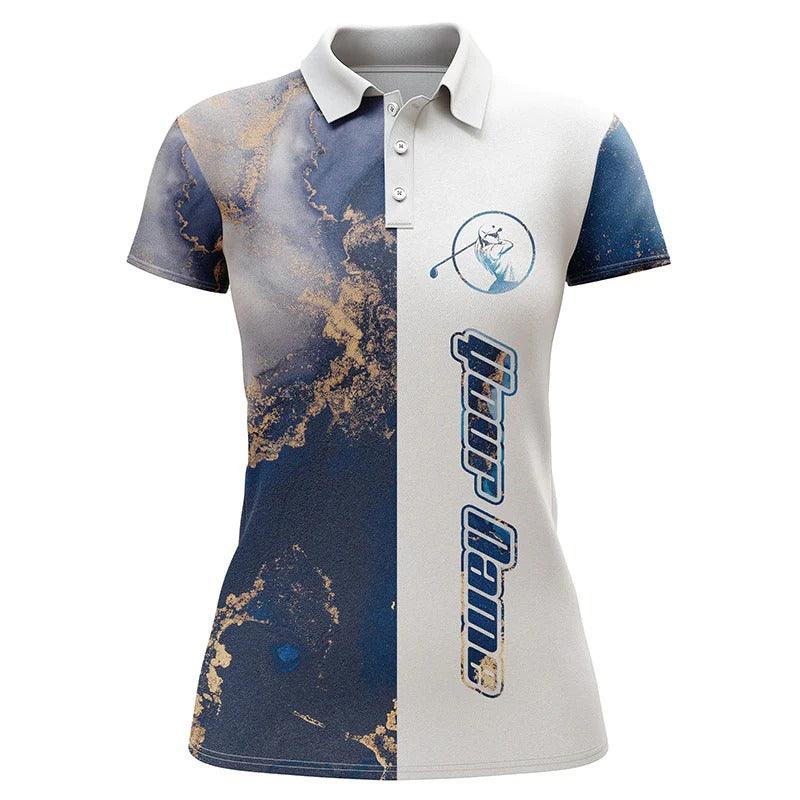 Custom Golf Womens Polo Shirt - Womens Golf Polo Shirt Blue Pattern Custom Name Blue White Golf Shirt, Golfer Gifts - Perfect Polo Shirt For Womens, Golf Lover - Amzanimalsgift