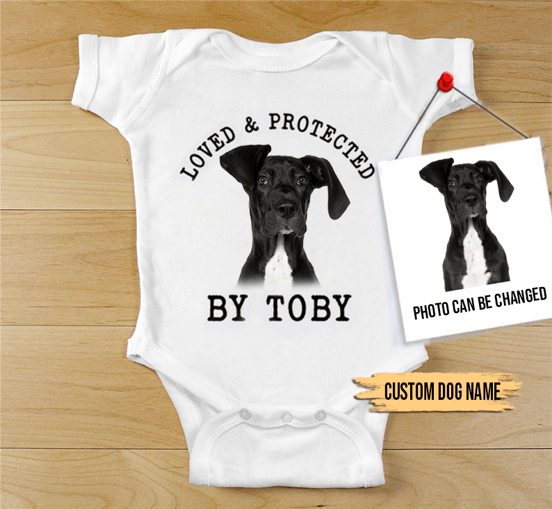 Custom Great Dane Baby Onesies, Loved & Protected By Custom Dog Newborn Onesies, Personalized Onesies - Perfect Gift For Baby, Baby Gift Onesie - Amzanimalsgift