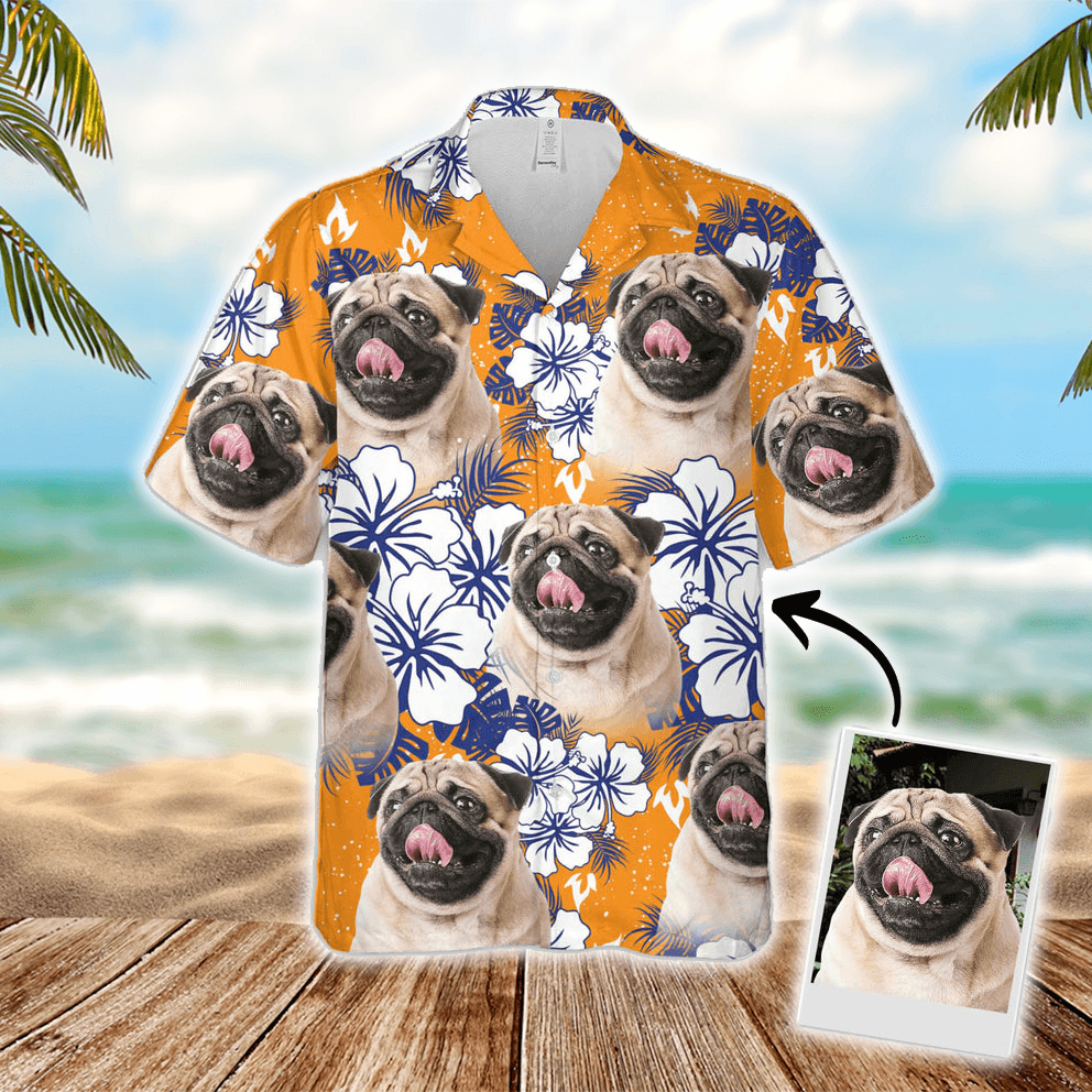 Custom Hawaiian Shirt With Dog & Cat Face - Flowers Pattern Orange Color Aloha Shirt - Personalized Hawaiian Shirt For Men & Women, Pet Lovers - Amzanimalsgift