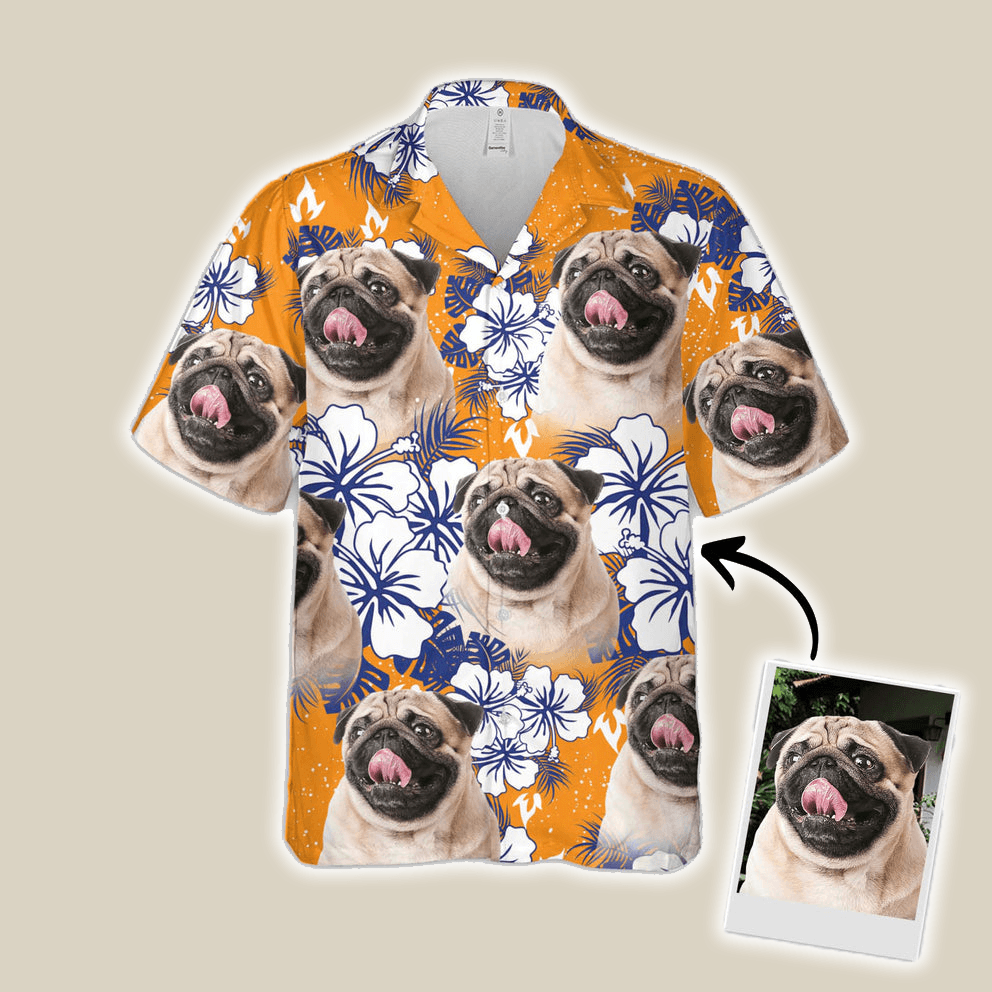 Custom Hawaiian Shirt With Dog & Cat Face - Flowers Pattern Orange Color Aloha Shirt - Personalized Hawaiian Shirt For Men & Women, Pet Lovers - Amzanimalsgift