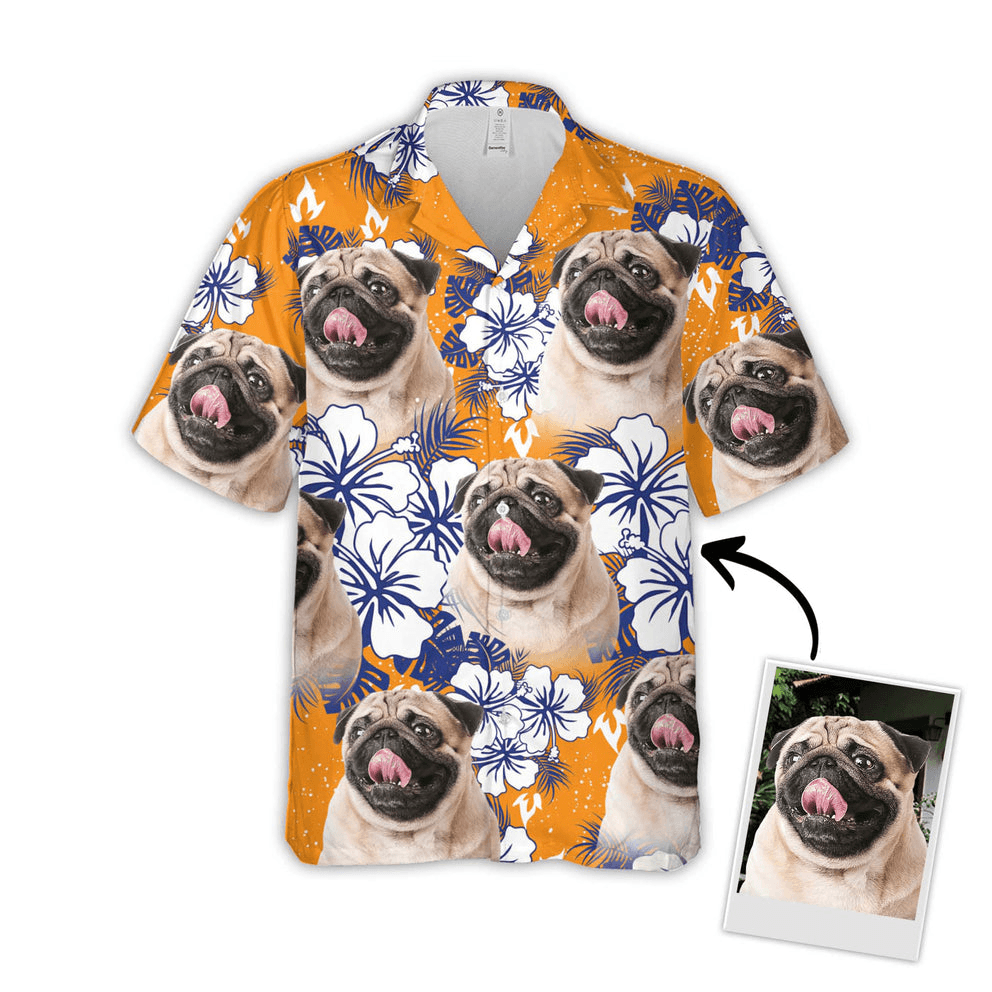 Custom Hawaiian Shirt With Dog & Cat Face - Flowers Pattern Orange Color Aloha Shirt - Personalized Hawaiian Shirt For Men & Women, Pet Lovers - Amzanimalsgift
