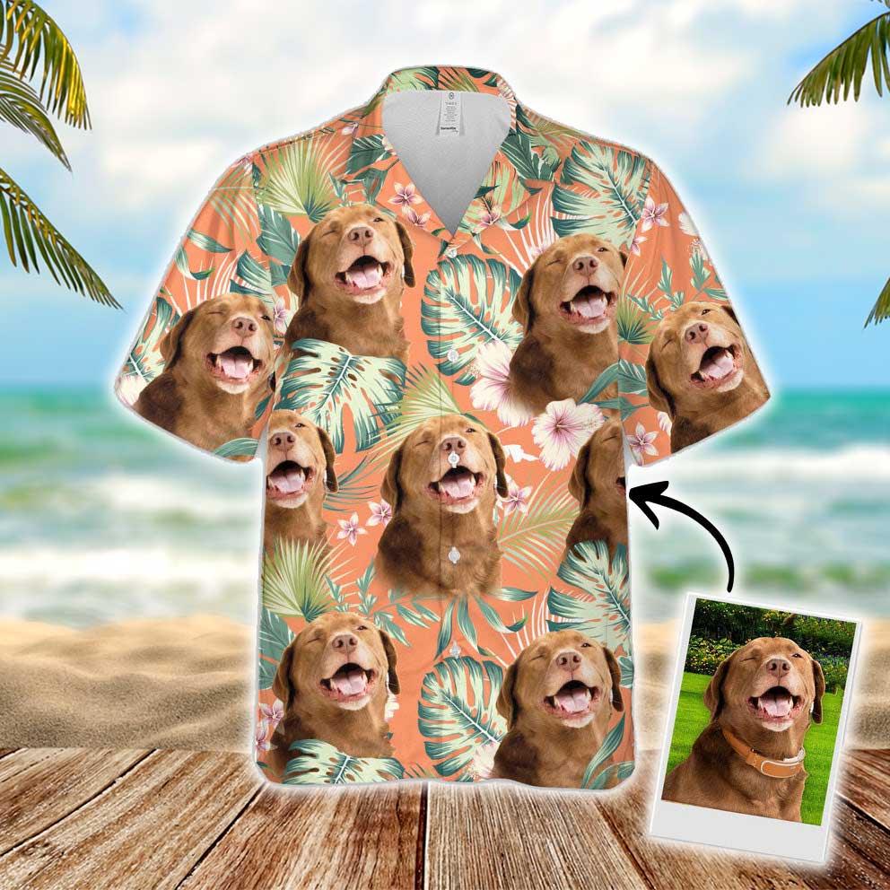 Custom Hawaiian Shirt With Dog Face - Leaves & Flowers Pattern Carrot Color Aloha Shirt - Personalized Hawaiian Shirt For Men & Women, Dog Lovers - Amzanimalsgift