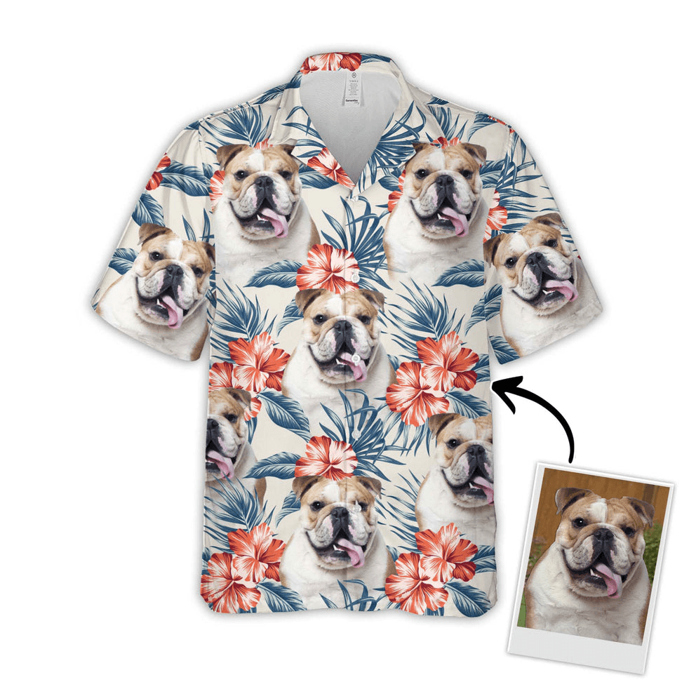 Custom Hawaiian Shirt With Dog Face - Leaves & Flowers Pattern White Color Aloha Shirt- Personalized Hawaiian Shirt For Men & Women, Dog Lovers - Amzanimalsgift