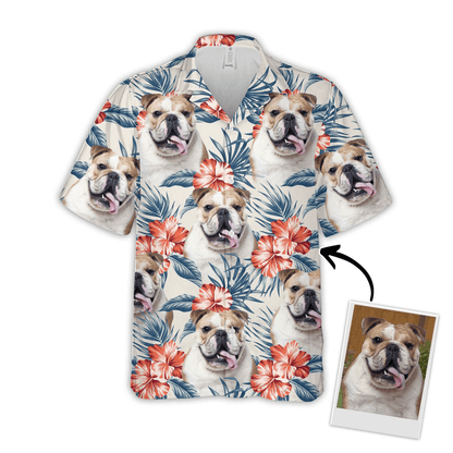 Custom Hawaiian Shirt With Dog Face - Leaves & Flowers Pattern White Color Aloha Shirt- Personalized Hawaiian Shirt For Men & Women, Dog Lovers - Amzanimalsgift