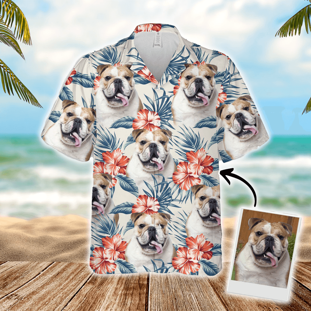 Custom Hawaiian Shirt With Dog Face - Leaves & Flowers Pattern White Color Aloha Shirt- Personalized Hawaiian Shirt For Men & Women, Dog Lovers - Amzanimalsgift