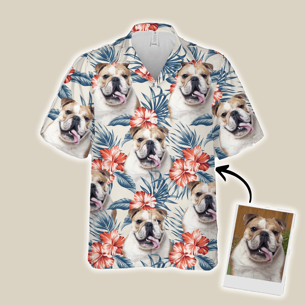 Custom Hawaiian Shirt With Dog Face - Leaves & Flowers Pattern White Color Aloha Shirt- Personalized Hawaiian Shirt For Men & Women, Dog Lovers - Amzanimalsgift