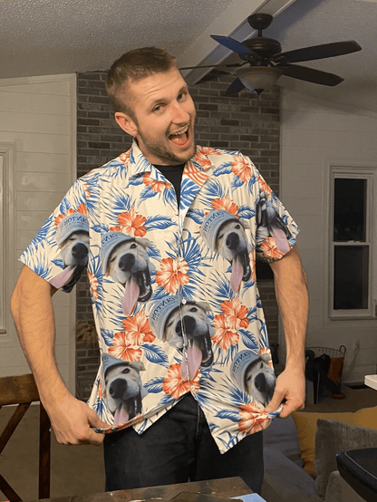 Custom Hawaiian Shirt With Dog Face - Leaves & Flowers Pattern White Color Aloha Shirt- Personalized Hawaiian Shirt For Men & Women, Dog Lovers - Amzanimalsgift