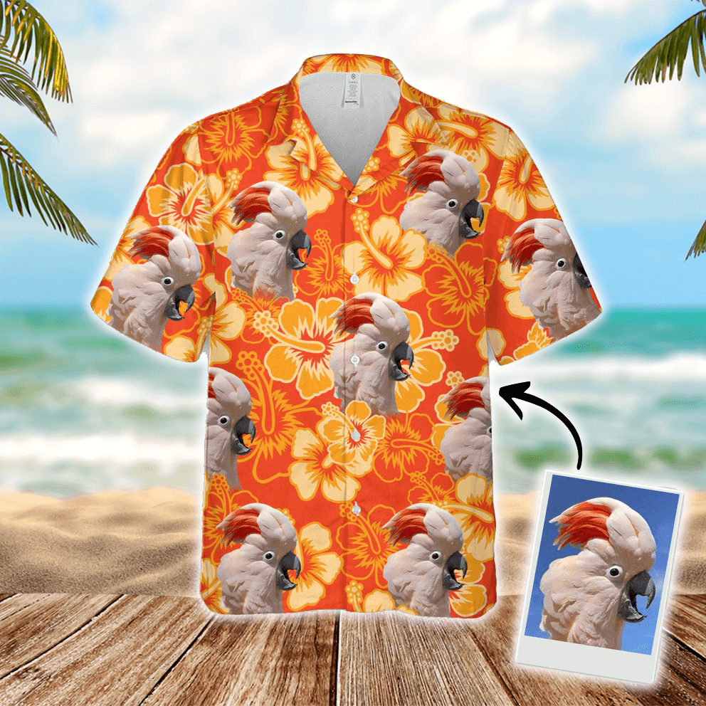 Custom Hawaiian Shirt With Pet Face - Flowers Pattern Neon-orange Color Aloha Shirt - Personalized Hawaiian Shirt For Men & Women, Pet Lovers - Amzanimalsgift