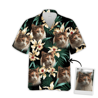 Custom Hawaiian Shirt With Pet Face - Leaves & Flowers Pattern Dark Green Color Aloha Shirt - Personalized Hawaiian Shirt For Men & Women, Pet Lovers - Amzanimalsgift