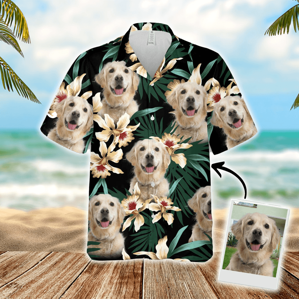 Custom Hawaiian Shirt With Pet Face - Leaves & Flowers Pattern Dark Green Color Aloha Shirt - Personalized Hawaiian Shirt For Men & Women, Pet Lovers - Amzanimalsgift