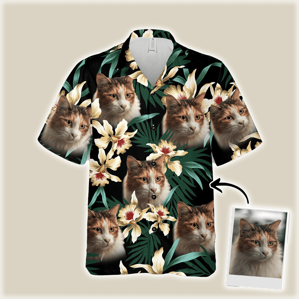 Custom Hawaiian Shirt With Pet Face - Leaves & Flowers Pattern Dark Green Color Aloha Shirt - Personalized Hawaiian Shirt For Men & Women, Pet Lovers - Amzanimalsgift
