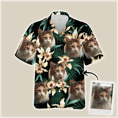 Custom Hawaiian Shirt With Pet Face - Leaves & Flowers Pattern Dark Green Color Aloha Shirt - Personalized Hawaiian Shirt For Men & Women, Pet Lovers - Amzanimalsgift