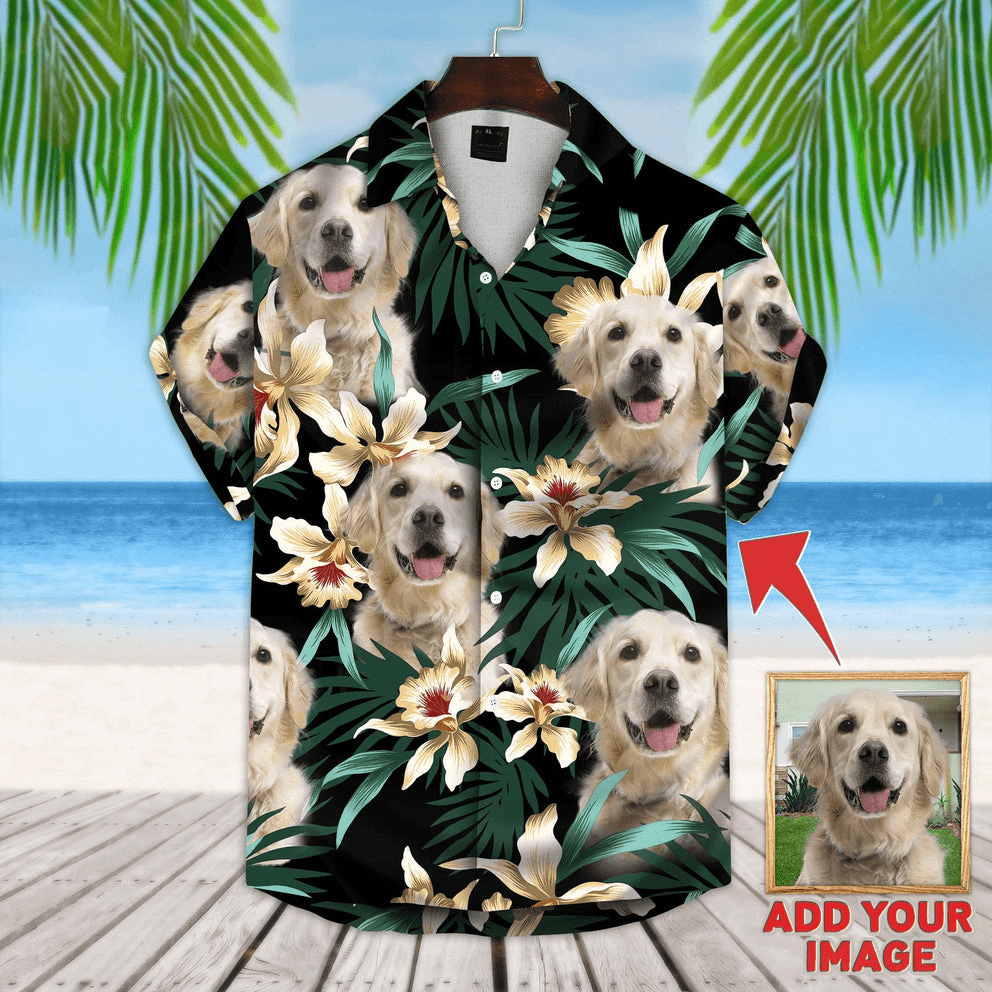 Custom Hawaiian Shirt With Pet Face - Leaves & Flowers Pattern Dark Green Color Aloha Shirt - Personalized Hawaiian Shirt For Men & Women, Pet Lovers - Amzanimalsgift