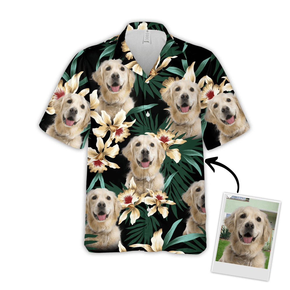 Custom Hawaiian Shirt With Pet Face - Leaves & Flowers Pattern Dark Green Color Aloha Shirt - Personalized Hawaiian Shirt For Men & Women, Pet Lovers - Amzanimalsgift
