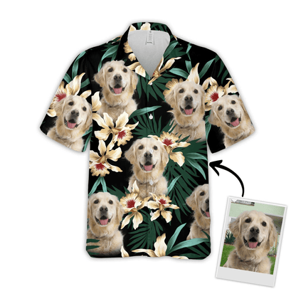 Custom Hawaiian Shirt With Pet Face - Leaves & Flowers Pattern Dark Green Color Aloha Shirt - Personalized Hawaiian Shirt For Men & Women, Pet Lovers - Amzanimalsgift