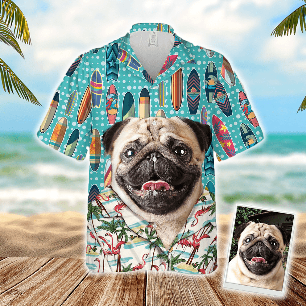 Custom Hawaiian Shirt With Pets Face - Surfing Pattern Sky Blue Color Aloha Shirt - Personalized Hawaiian Shirt For Men & Women, Pet Lovers - Amzanimalsgift