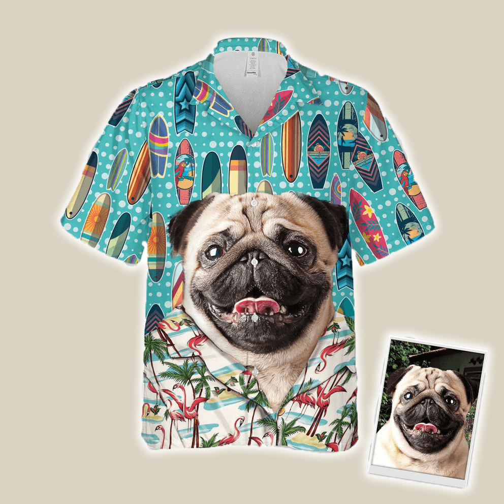 Custom Hawaiian Shirt With Pets Face - Surfing Pattern Sky Blue Color Aloha Shirt - Personalized Hawaiian Shirt For Men & Women, Pet Lovers - Amzanimalsgift