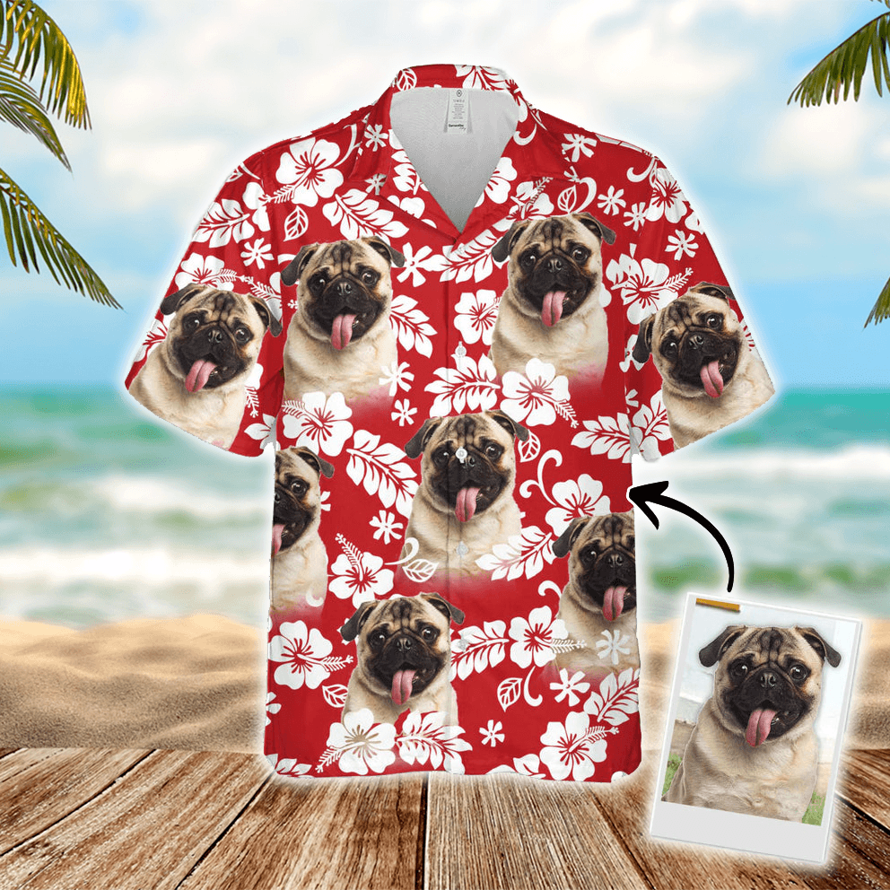Custom Hawaiian Shirts With Dog Face - Leaves & Flowers Pattern Red Color Aloha Shirt - Personalized Hawaiian Shirt For Men & Women, Dog Lovers - Amzanimalsgift