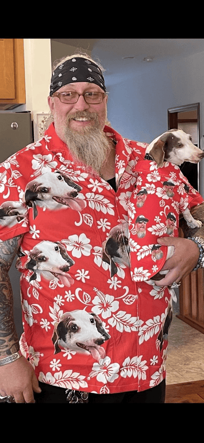 Custom Hawaiian Shirts With Dog Face - Leaves & Flowers Pattern Red Color Aloha Shirt - Personalized Hawaiian Shirt For Men & Women, Dog Lovers - Amzanimalsgift