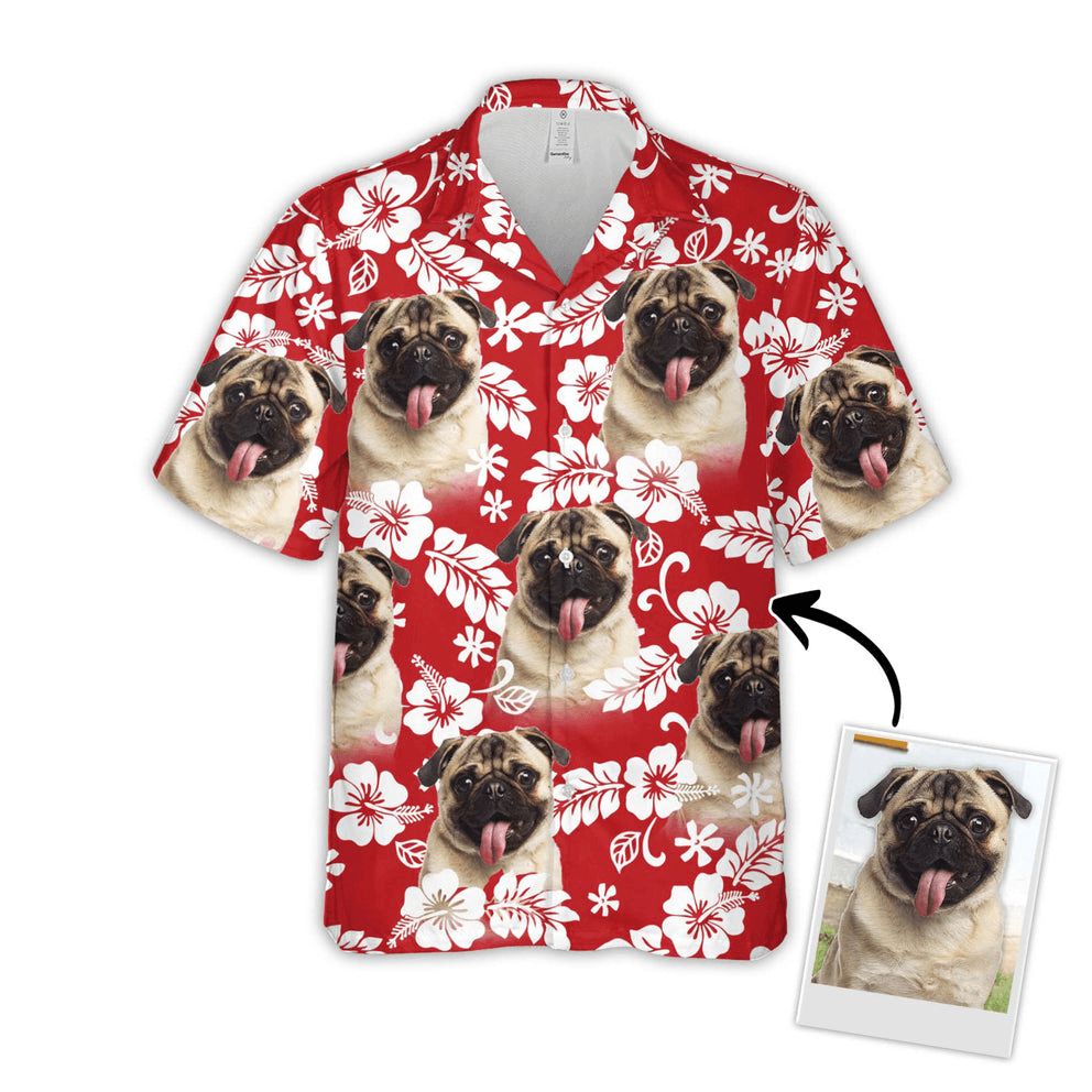 Custom Hawaiian Shirts With Dog Face - Leaves & Flowers Pattern Red Color Aloha Shirt - Personalized Hawaiian Shirt For Men & Women, Dog Lovers - Amzanimalsgift