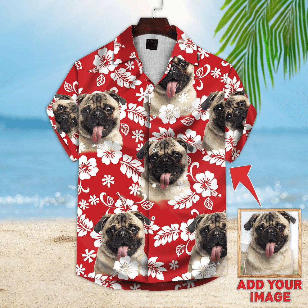 Custom Hawaiian Shirts With Dog Face - Leaves & Flowers Pattern Red Color Aloha Shirt - Personalized Hawaiian Shirt For Men & Women, Dog Lovers - Amzanimalsgift