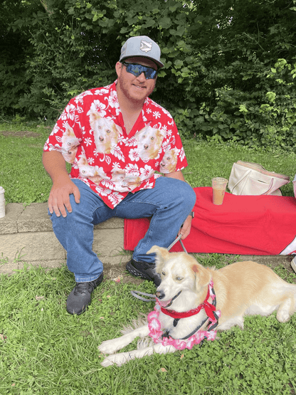 Custom Hawaiian Shirts With Dog Face - Leaves & Flowers Pattern Red Color Aloha Shirt - Personalized Hawaiian Shirt For Men & Women, Dog Lovers - Amzanimalsgift