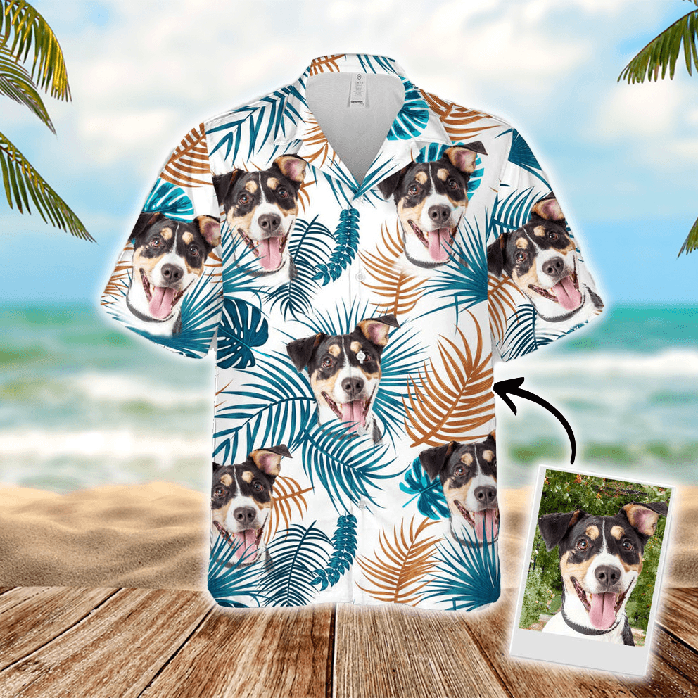 Custom Hawaiian Shirts With Dog Face - Leaves Pattern White Color Aloha Shirt, Pet Face Hawaiian Shirt- Personalized Hawaiian Shirt For Men & Women - Amzanimalsgift
