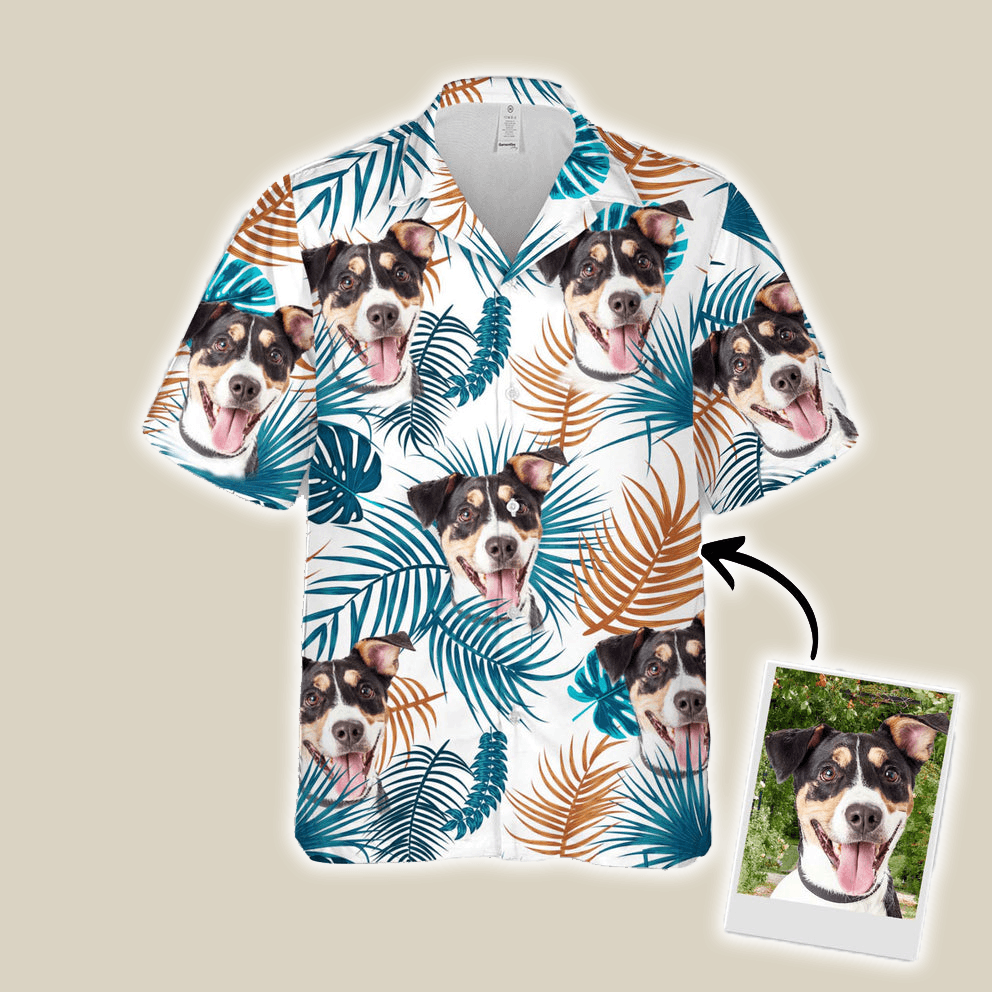 Custom Hawaiian Shirts With Dog Face - Leaves Pattern White Color Aloha Shirt, Pet Face Hawaiian Shirt- Personalized Hawaiian Shirt For Men & Women - Amzanimalsgift
