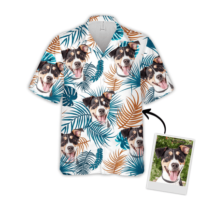Custom Hawaiian Shirts With Dog Face - Leaves Pattern White Color Aloha Shirt, Pet Face Hawaiian Shirt- Personalized Hawaiian Shirt For Men & Women - Amzanimalsgift