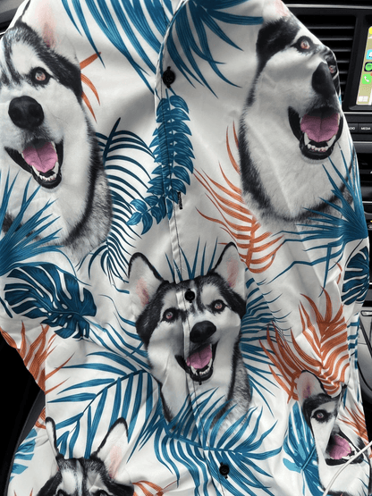 Custom Hawaiian Shirts With Dog Face - Leaves Pattern White Color Aloha Shirt, Pet Face Hawaiian Shirt- Personalized Hawaiian Shirt For Men & Women - Amzanimalsgift